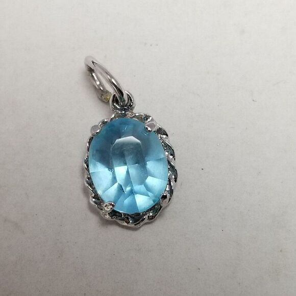Vintage Blue Oval Rhinestone and Silver Tone Pendant Charm, Prong Set, Estate - Picture 1 of 7